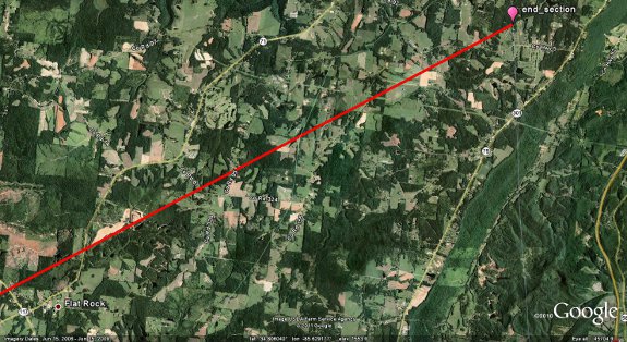 Northern portion of tornado track across Dekalb County in Google Earth.