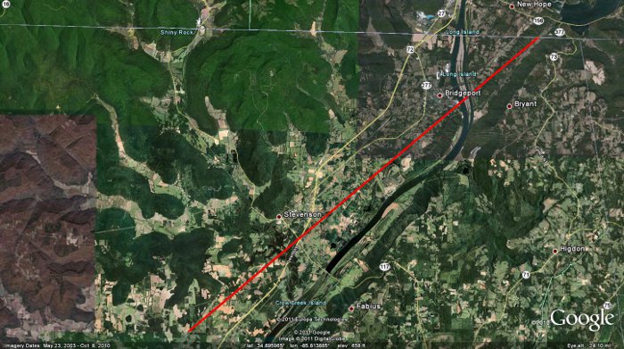Tornado Track across Jackson County in Google Earth.