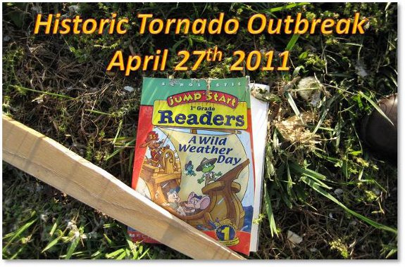Title Header -- A child's educational book strewn amongst the debris bearing the words "Wild Weather Day" tells the tale.