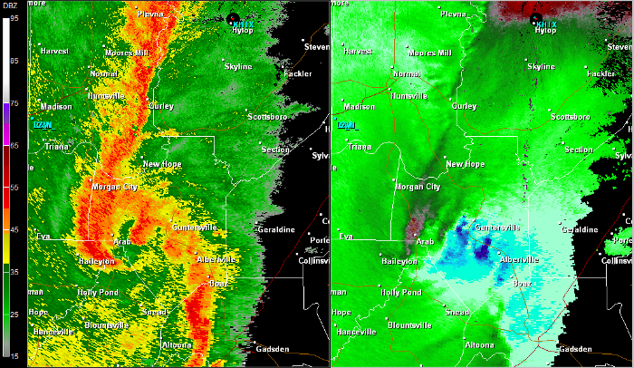 Hytop, AL Radar (HTX) radar loop of the EF-2 tornado track.  The imagery on the left is reflectivity, while the imagery on the right is storm-relative velocity.  Click on the image to loop. 