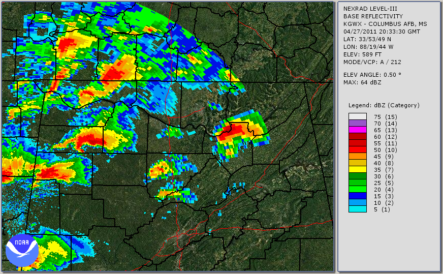GWX 0.5 degree reflectivity loop of the EF-5 tornado track -- 3:15 to 4:33 CDT April 27 2011