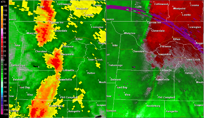 Hytop, AL Radar (HTX) radar loop of the EF-2 tornado track.  The imagery on the left is reflectivity, while the imagery on the right is storm-relative velocity.  Click on the image to loop. 