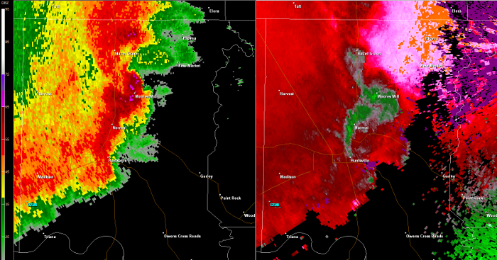 Hytop, AL Radar (HTX) radar loop of the EF-2 tornado track.  The imagery on the left is reflectivity, while the imagery on the right is storm-relative velocity.  Click on the image to loop. 
