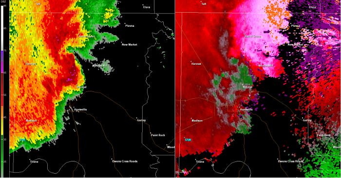 Hytop, AL Radar (HTX) radar loop of the EF-2 tornado track.  The imagery on the left is reflectivity, while the imagery on the right is storm-relative velocity.  Click on the image to loop. 