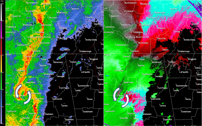 Hytop, AL Radar (HTX) radar loop of the EF-2 tornado track.  The imagery on the left is reflectivity, while the imagery on the right is storm-relative velocity.  Click on the image to loop. 