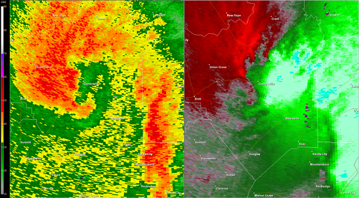 Hytop, AL Radar (HTX) radar loop of the EF-2 tornado track.  The imagery on the left is reflectivity, while the imagery on the right is storm-relative velocity.  Click on the image to loop. 