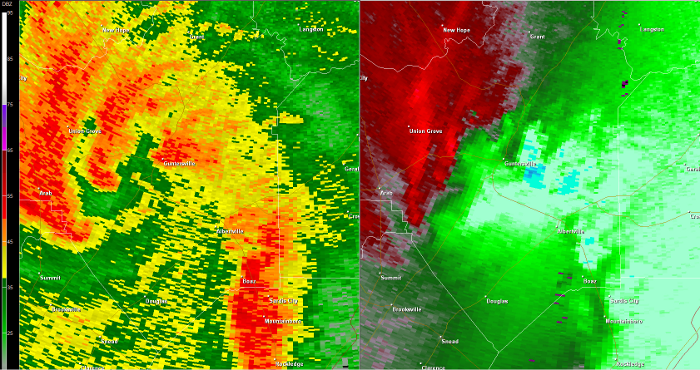 Hytop, AL Radar (HTX) radar loop of the EF-1 tornado track.  The imagery on the left is reflectivity, while the imagery on the right is storm-relative velocity.  Click on the image to loop. 