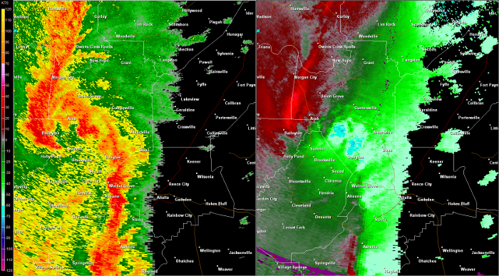 Hytop, AL Radar (HTX) radar loop of the EF-1 tornado track.  The imagery on the left is reflectivity, while the imagery on the right is storm-relative velocity.  Click on the image to loop. 