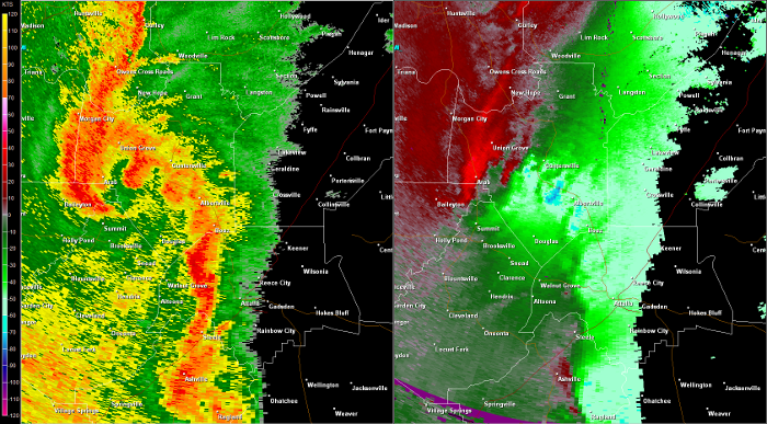 Hytop, AL Radar (HTX) radar loop of the EF-1 tornado track.  The imagery on the left is reflectivity, while the imagery on the right is storm-relative velocity.  Click on the image to loop. 