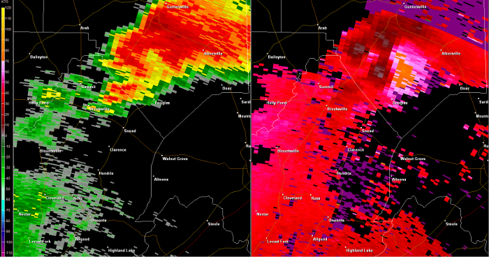 Hytop, AL Radar (HTX) radar loop of the EF-1 tornado track.  The imagery on the left is reflectivity, while the imagery on the right is storm-relative velocity.  Click on the image to loop. 