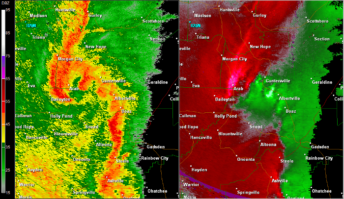 Hytop, AL Radar (HTX) radar loop of the EF-2 tornado track.  The imagery on the left is reflectivity, while the imagery on the right is storm-relative velocity.  Click on the image to loop. 