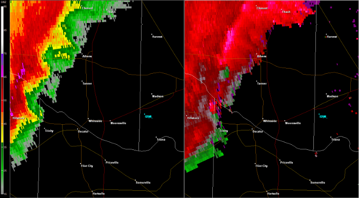 Hytop, AL Radar (HTX) radar loop of the EF-1 tornado track.  The imagery on the left is reflectivity, while the imagery on the right is storm-relative velocity.  Click on the image to loop. 