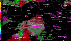 BMX 0.5 degree storm relative velocity loop of the EF-5 tornado track -- 5:01 PM to 5:33 PM CDT April 27 2011