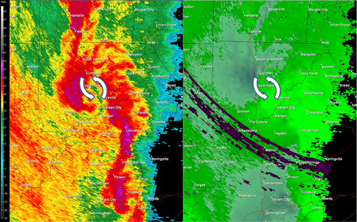Hytop, AL Radar (HTX) radar loop of the EF-2 tornado track.  The imagery on the left is reflectivity, while the imagery on the right is storm-relative velocity.  Click on the image to loop. 