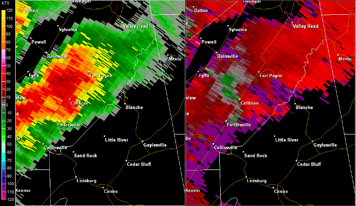 Birmingham, AL Radar (BMX) radar loop of the EF-2 tornado track.  The imagery on the left is reflectivity, while the imagery on the right is storm-relative velocity.  Click on the image to loop. 