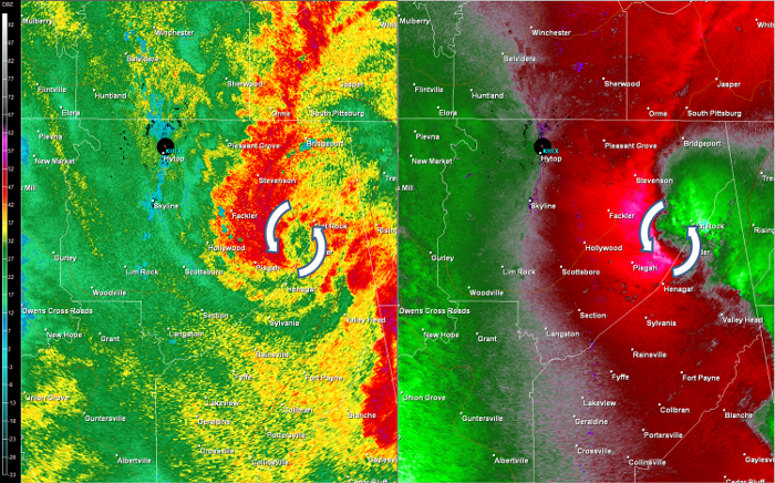 Hytop, AL Radar (HTX) radar loop of the EF-2 tornado track.  The imagery on the left is reflectivity, while the imagery on the right is storm-relative velocity.  Click on the image to loop. 