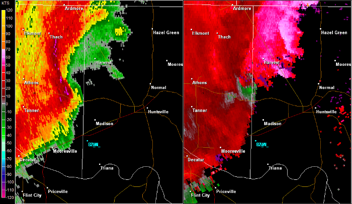 Hytop, AL Radar (HTX) radar loop of the EF-2 tornado track.  The imagery on the left is reflectivity, while the imagery on the right is storm-relative velocity.  Click on the image to loop. 