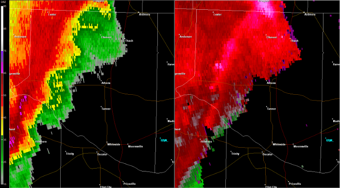 Hytop, AL Radar (HTX) radar loop of the EF-2 tornado track.  The imagery on the left is reflectivity, while the imagery on the right is storm-relative velocity.  Click on the image to loop. 