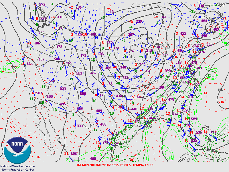 850 mb Analysis at 6 PM on 11/29/2016
