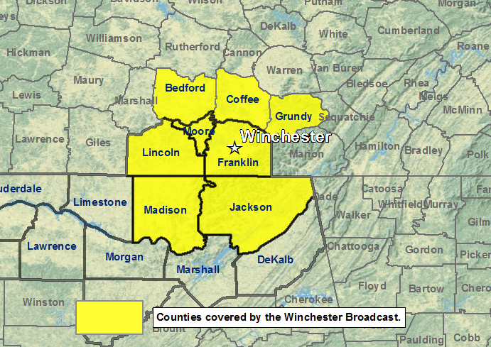 Winchester, Tennessee NOAA Weather Radio coverage area