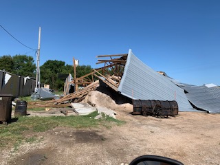 Hay shed destroyed by damaging winds near Oswego, KS