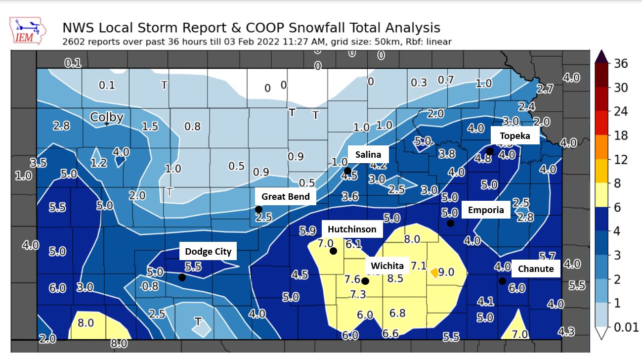 map of Kansas with snowfall reports from the early Feb 2022 Winter Storm