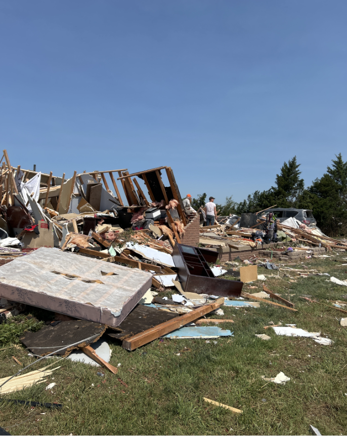 Photo of tornado damage in western Reno county near Plevna, KS