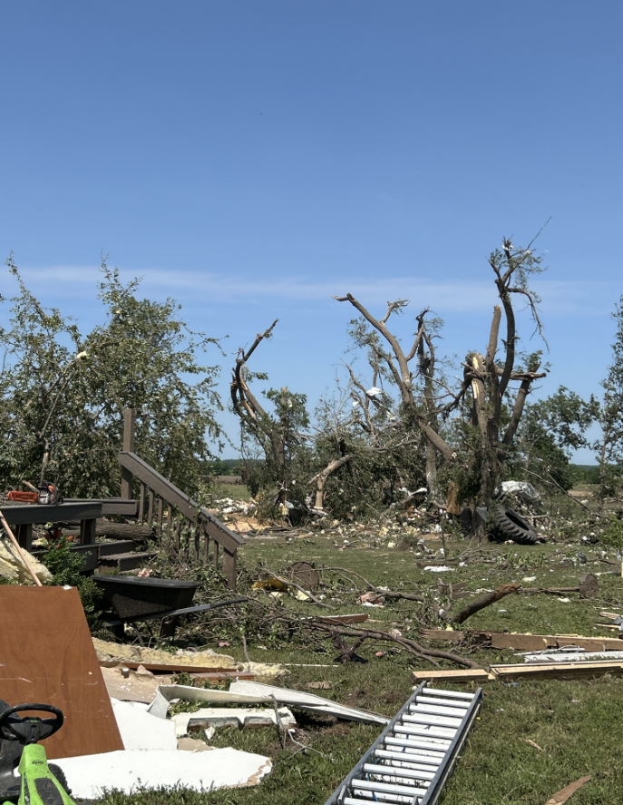 Photo of tornado damage on the west side of Plevna, KS