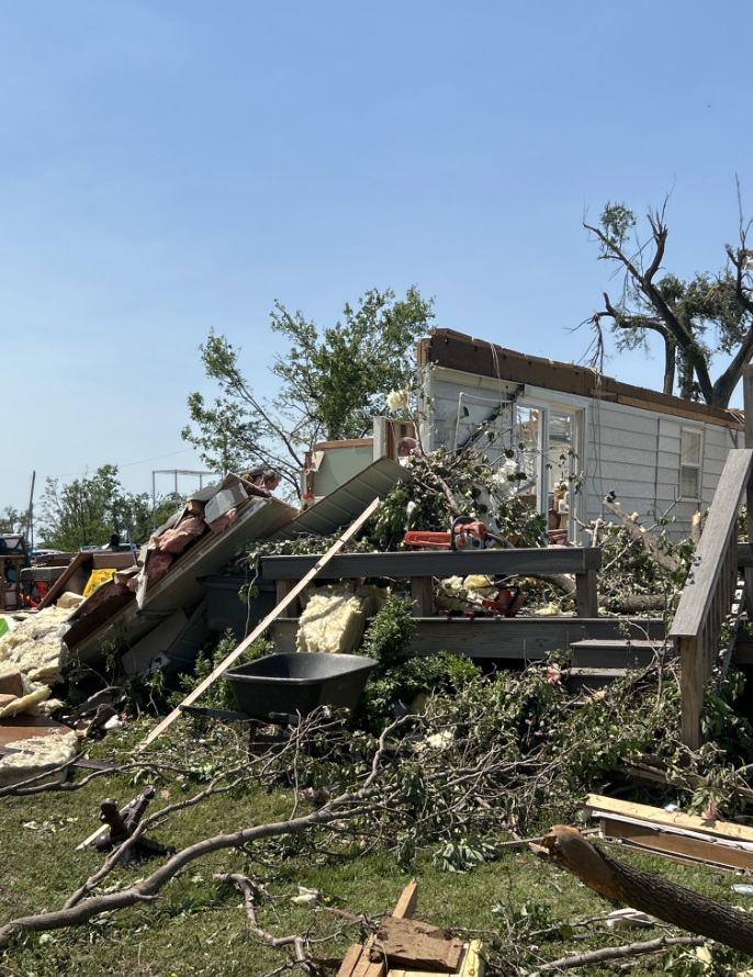 Photo of tornado damage on the west side of Plevna, KS