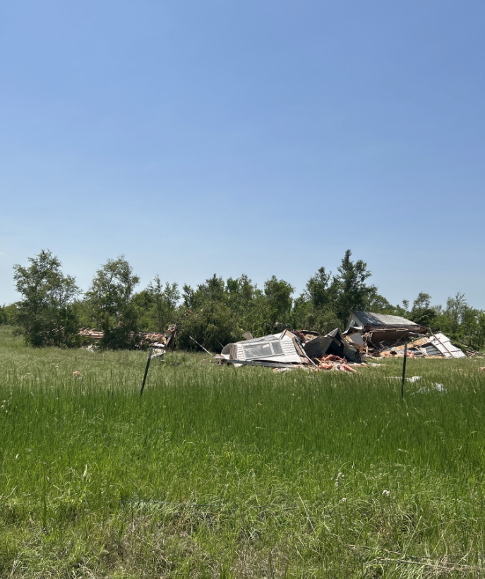 Photo of tornado damage on the west side of Plevna, KS