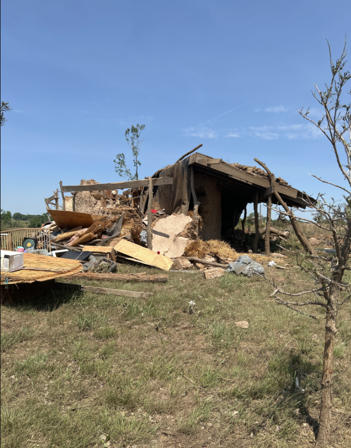 Photo of tornado damage southwest of Plevna, KS