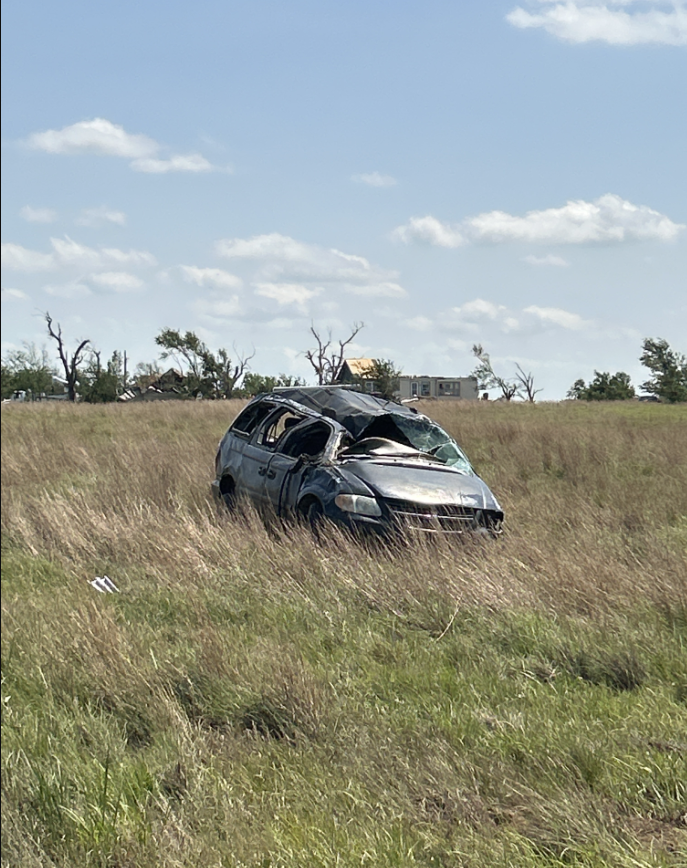 Photo of tornado damage southwest of Plevna, KS