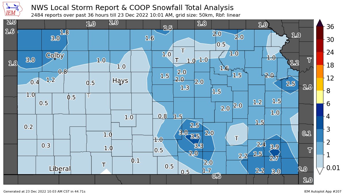 image showing snowfall from the Dec 22, 2023 storm system across the state of Kansas