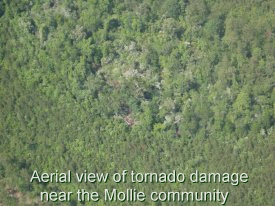 Aerial view of tornado damage near the Mollie Community