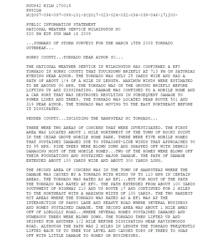 Public Information Statement of Storm Summary