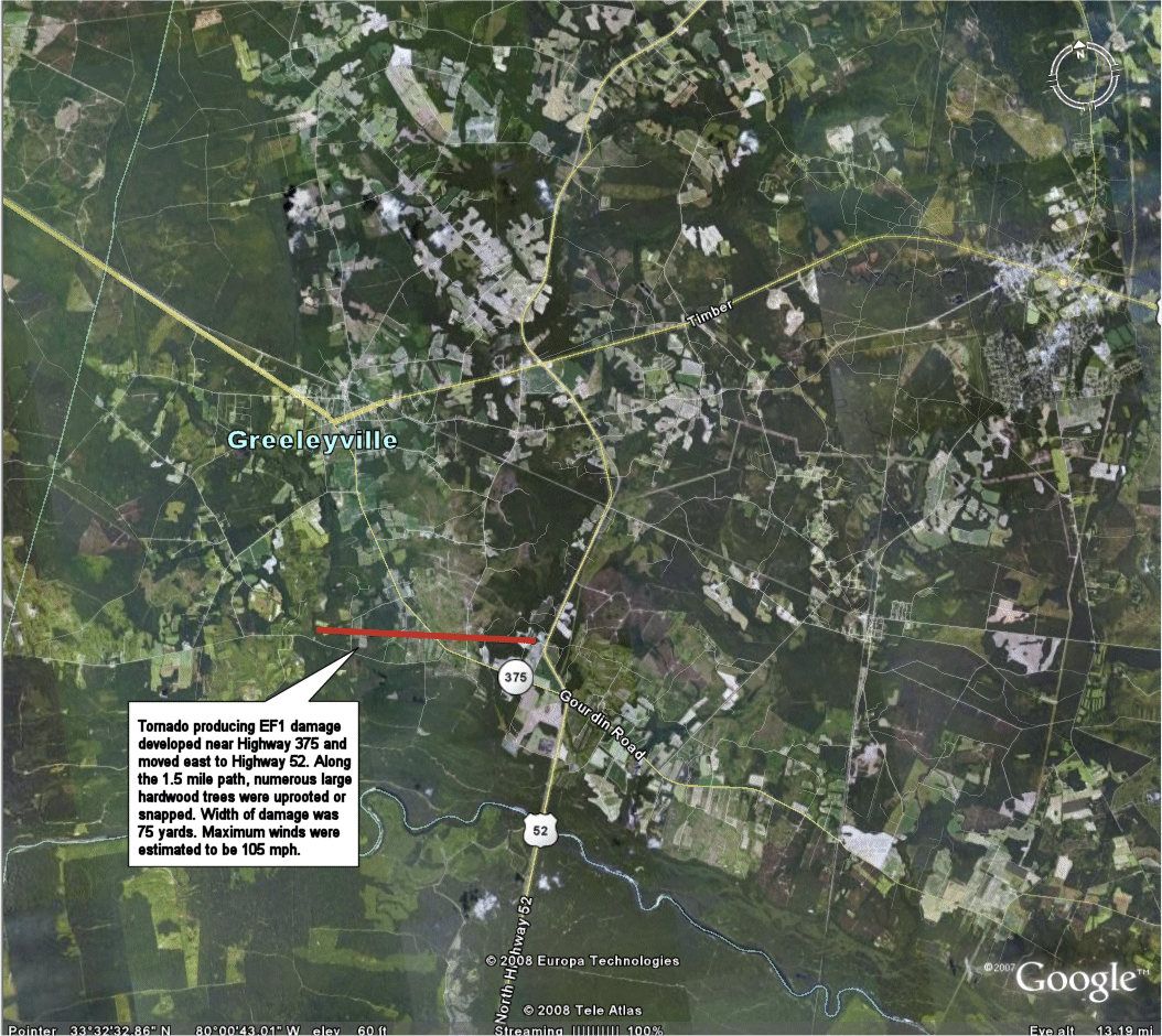 Map of Tornado Path and Damage across Williamsburg County, SC