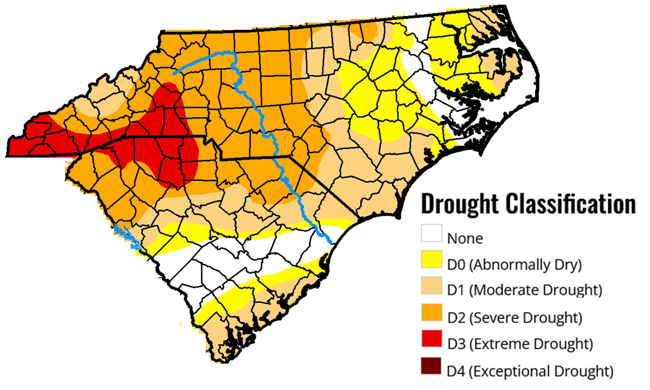U.S. Drought Monitor during late November showing moderate to severe drought covering a portion of eastern North and South Carolina.  More significant drought was occurring across the western portions of the Carolinas.