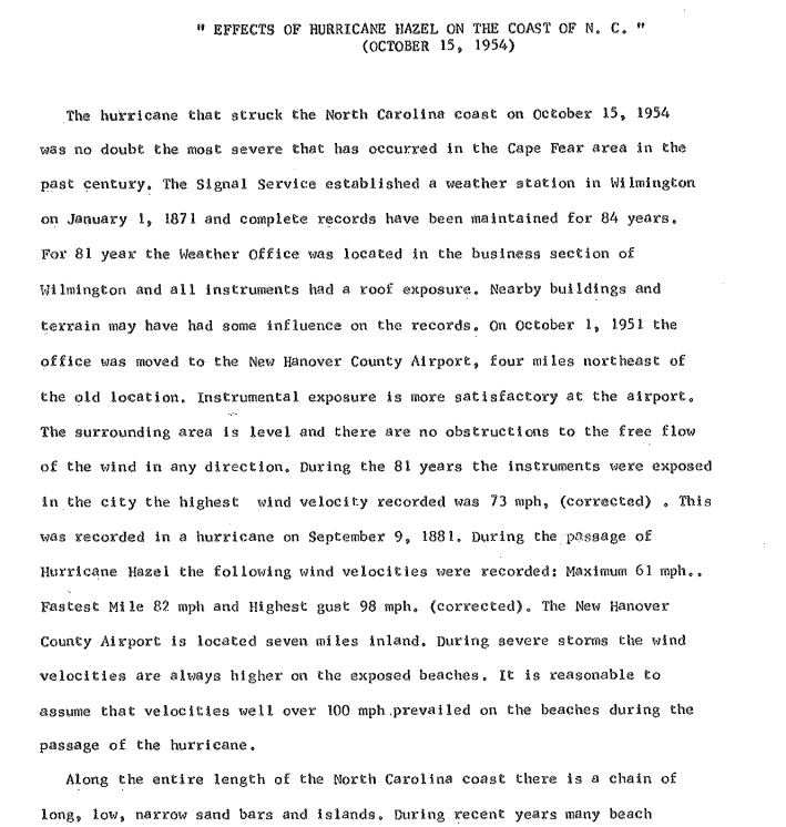 Image of First Page of Hurricane Hazel Report by a NWS Employee