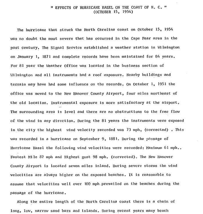 Image of First Page of Hurricane Hazel Report by a NWS Employee