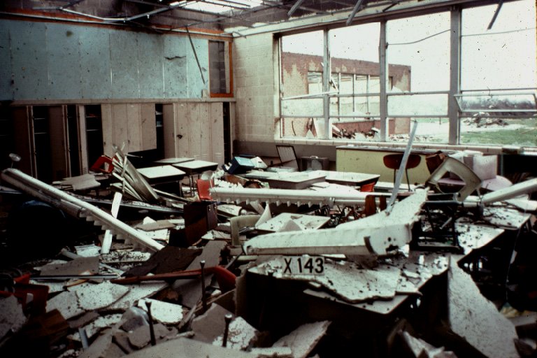 Picture of tornado damage to a classroom in Xenia, OH