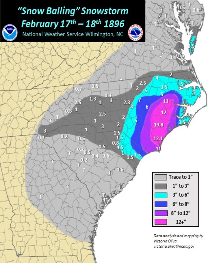 Snowfall Totals Map February 17-18 1896