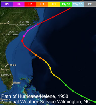 Hurricane Helene's track, September 1958