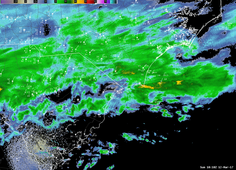Composite radar loop showing precipitation that fell across the Carolinas on March 12, 2017.  Precipitation was all-rain south of a line from Wilmington to Conway and Florence, SC