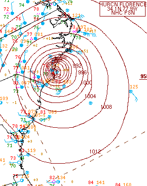 Surface weather map from 1200 UTC (7:00 AM EDT) September 14, 2018 showing Hurricane Florence making landfall in southeastern North Carolina