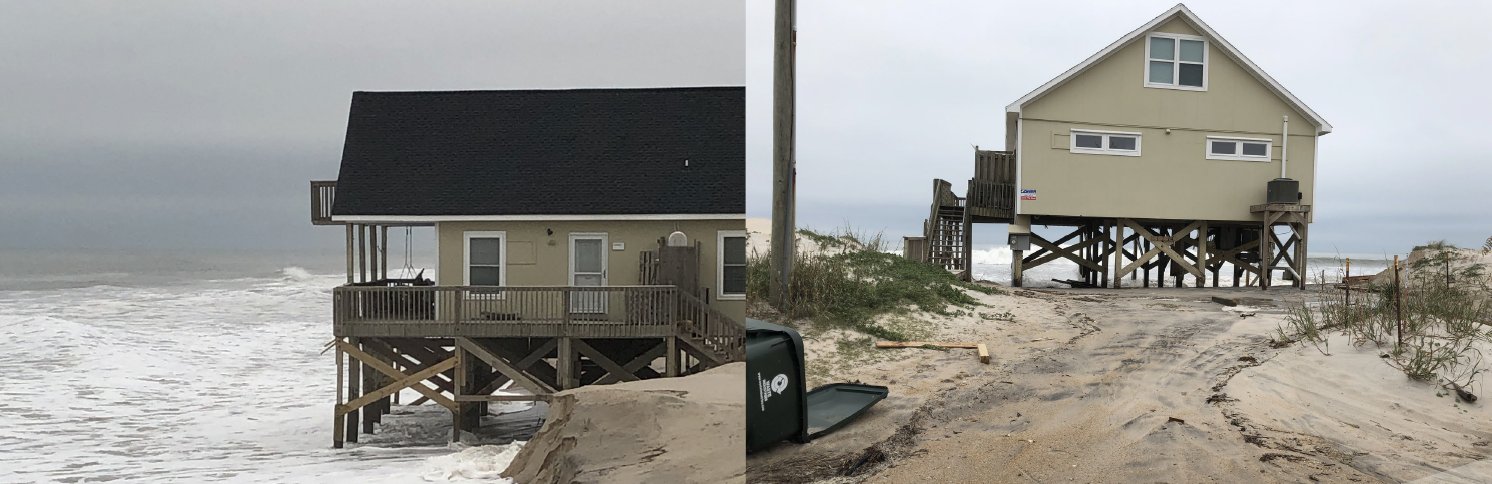 A significant coastal storm in November 2019 produced coastal flooding and beach erosion. This photo provided by Surf City Emergency Management shows surf eroding sand from beneath a home on the beach.