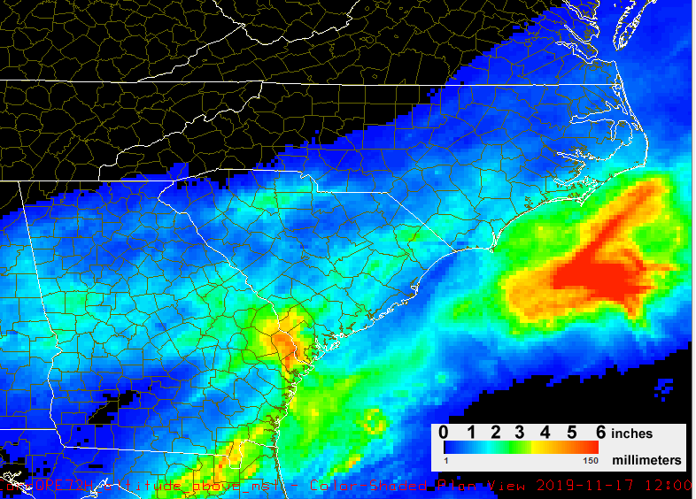 MRMS rainfall estimate for November 15-17, 2019.  While the heaviest rainfall fell well offshore, two to three inch amounts were common across southeastern North Carolina and northeastern South Carolina