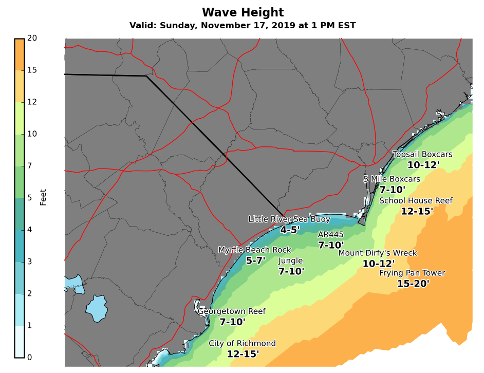 Wave heights in our forecast for 1 PM on Sunday, November 17.  These values were very near the peak measured wave heights for the entire storm event.