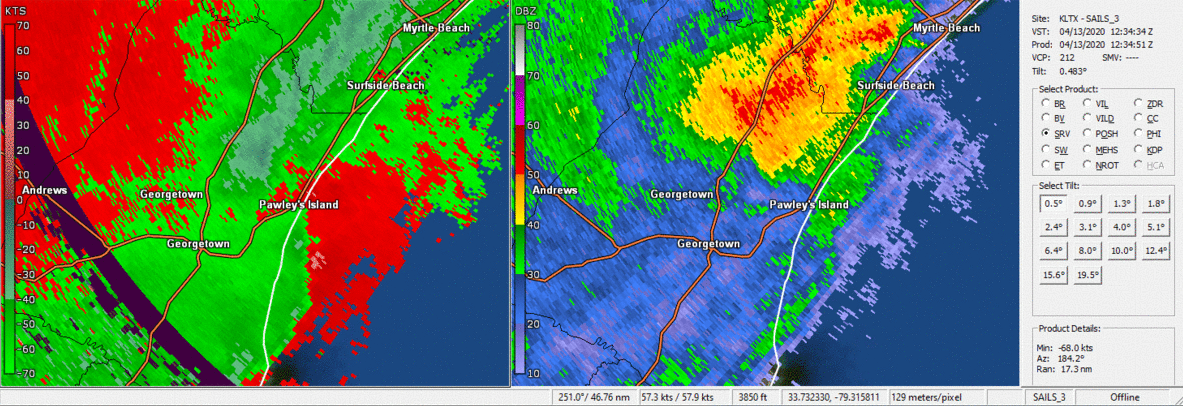 Radar imagery showing the EF2 tornado moving from North Litchfield Beach across Huntington Beach State Park to Murrells Inlet on April 13, 2020