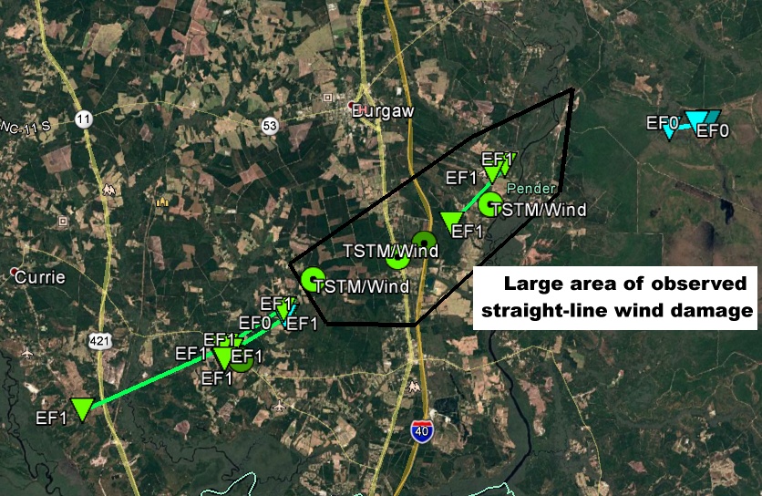 Tornado paths and damaging wind graphic from the April 13, 2020 severe weather event across Pender County, NC