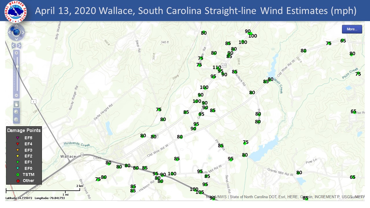 Wind speed estimates from the Wallace, SC macroburst in Marlboro County on April 13, 2020